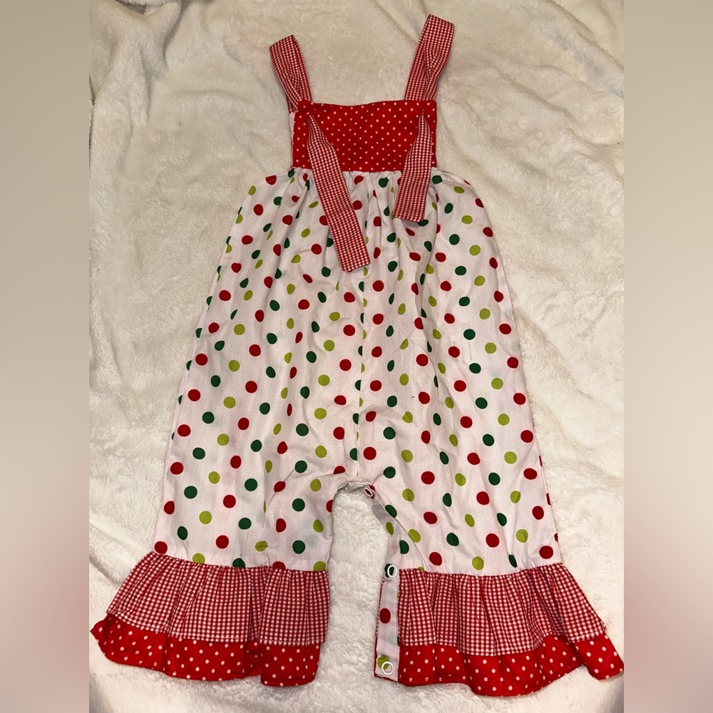 The Smocking Place Baby Polka Dot Bell bottom Ruffle Overalls Size 9m Worn once